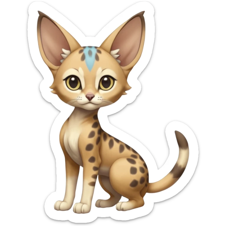 Big-eared big-eyed cute realistic animalistic feral digitigrade 4-legged anime-styled Sphynx-Meloetta-Trico-Vernid-Sergal-Serval-hybrid-fusion-creature-animal, full body sticker