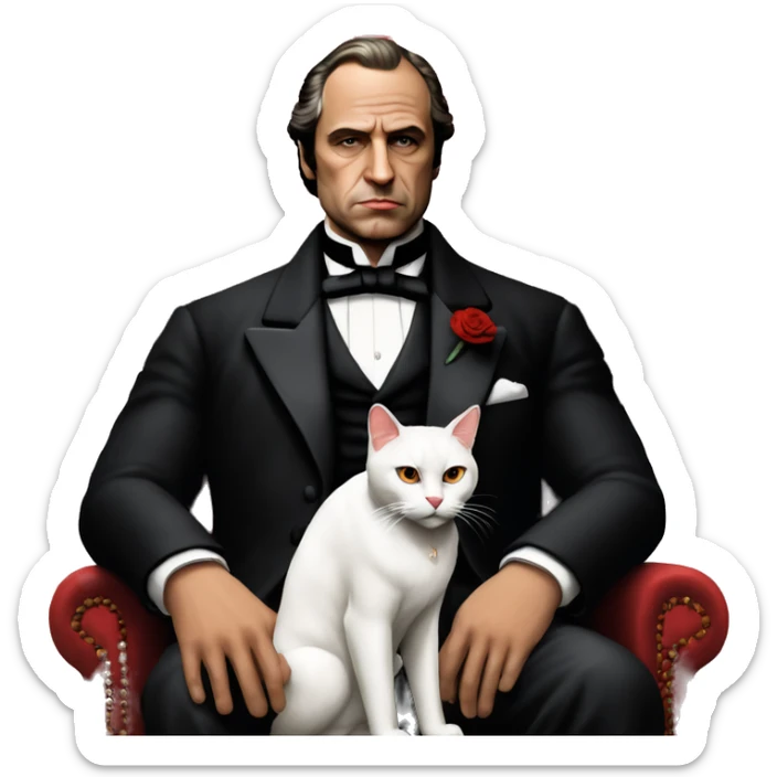 don corleone as a mafia boss sitting on a red chair petting a white cat on his lap sticker
