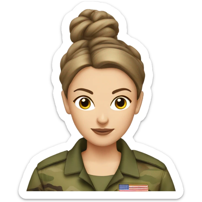 White Woman in camo military uniform , brown hair, sleek hair bun sticker