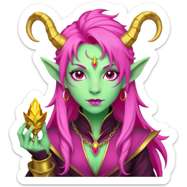 A D&D tiefling with pale green skin and long hot pink hair. She is a rouge and is obsessed with gold sticker