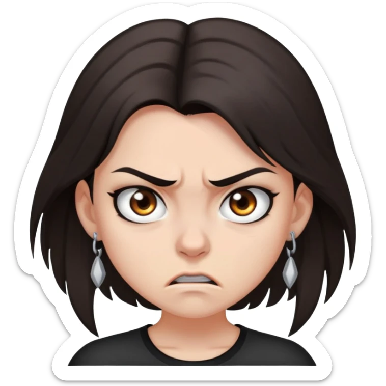 angry girl, dark brown shoulder-length hair, grey eyes, nose and ear piercings sticker