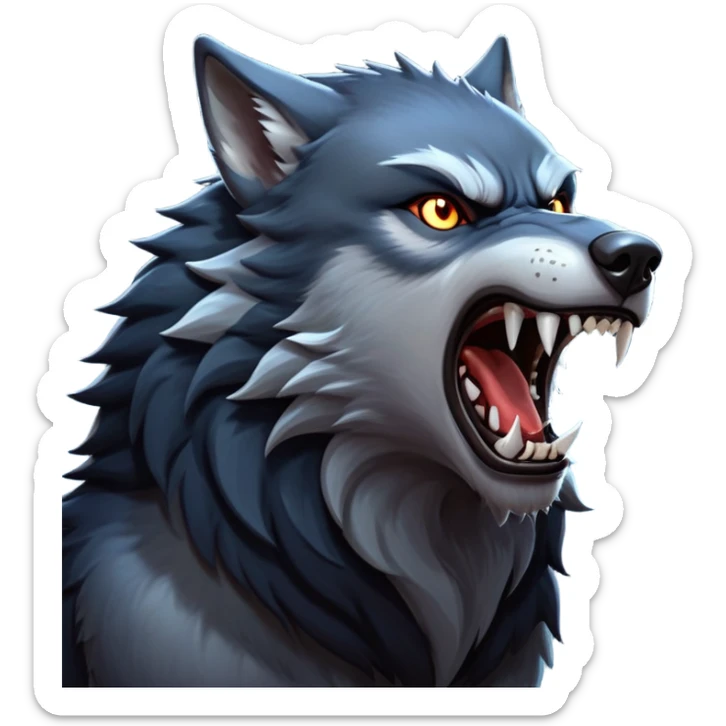 cinematic-noble-fierce-werewolf-howling-portrait-emoji, poised-and-imposing, with a fierce wolfish face tilted upwards in a haunting howl, glowing eyes full of primal ferocity, sharp, and a rugged snout, fur rippling in shades of midnight black and silver, muscles tensed as the powerful howl echoes beneath the moonlit sky; rendered with realism, capturing the raw, untamed power of the beast in its wild, primal state sticker