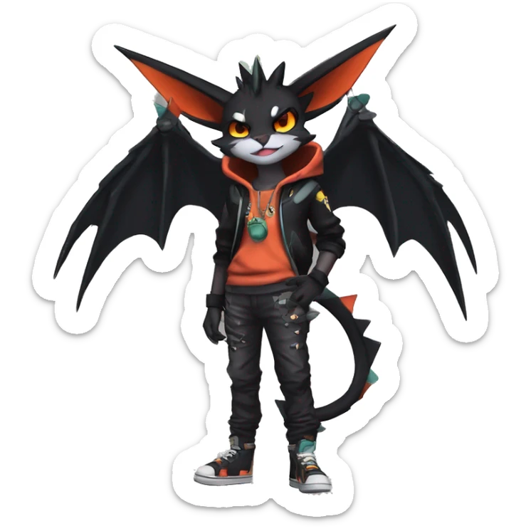 Cool Anthro Black Noivern-Quiana-Litten-Pokémon with edgy stripes hoodie spiked collar punk Full Body sticker