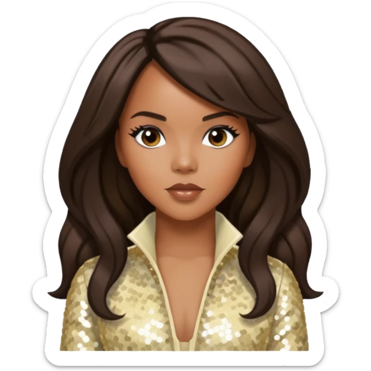 LeToya Luckett from Destiny's Child with long dark brown hair, cream sequin outfit sticker
