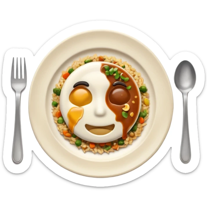 3D emoji of a dirty plate after eating, leftover food scraps, vegetable pieces, rice grains, sauce stains on the plate, fork and spoon placed beside the plate, no face, no character, no human features, realistic food leftovers, clean and simple background, soft lighting, high quality, emoji style sticker