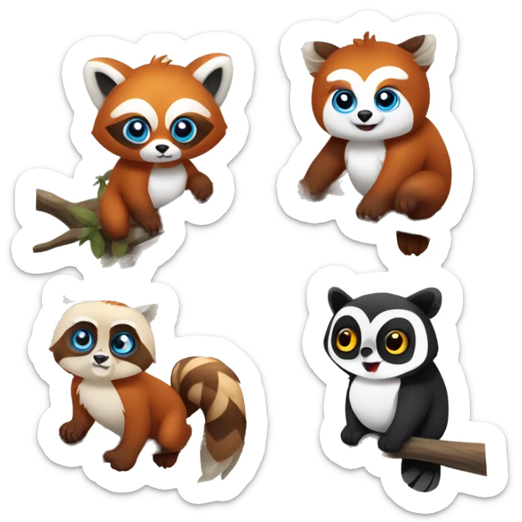 Red panda with brown eyes and an owl with blue eyes and tan golden feathers the owl is standing on a branch and the panda is hanging from it sticker