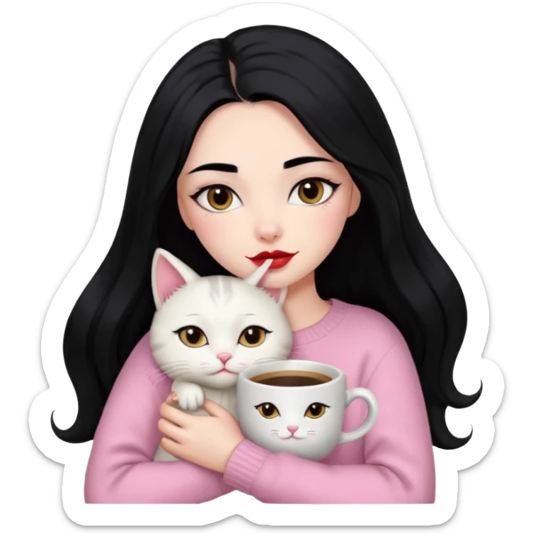 Beautiful Girl Long Hair black, Brows Big , Skin White, Sweater Pale Pink , Big Red Lips, Eyes coffe, Hug Little baby Persa Cream Cat With Cute Eyes sticker