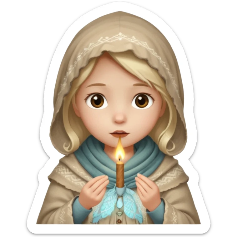 A small girl in a worn winter dress and shawl, holding a glowing matchstick close to her face, eyes wide with soft hope.
 sticker