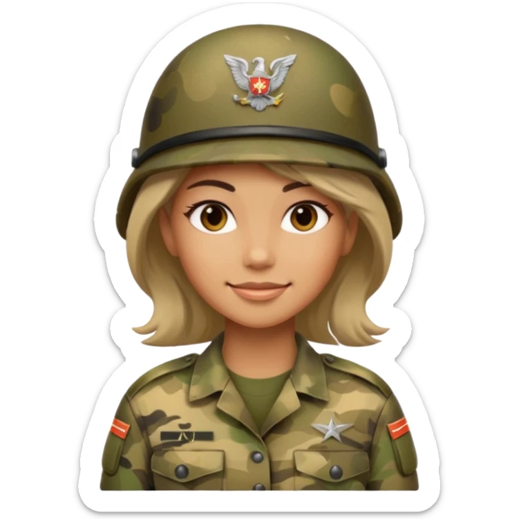 Female soldier emoji in Apple style, no cap/helmet, bust portrait, gentle smile, generic camo, hair visible, soft gradients, transparent PNG sticker
