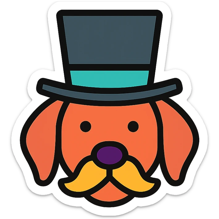 a stylish dog in a top hat, modern icon style, lineal color icon with black outlines sticker