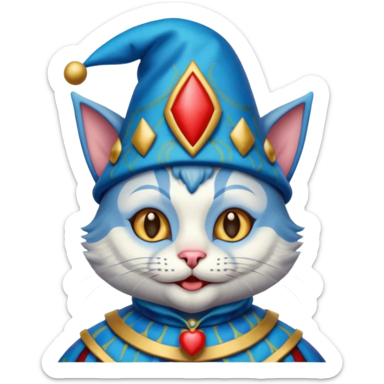 crazy colorful cute little cat jolly joker from poker, medieval, vintage, court jester, mac os icon, blue color sticker