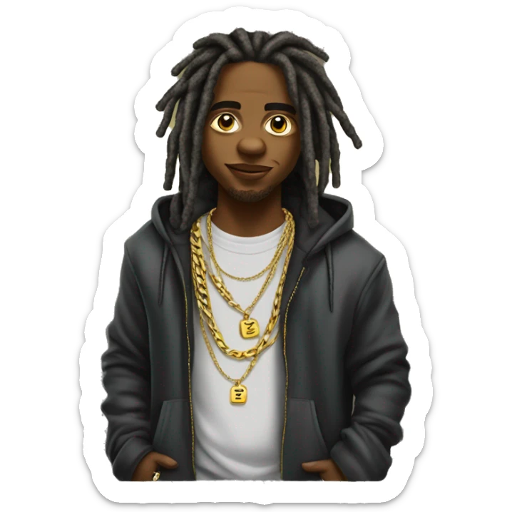 young hustler with dreads with  money full up in pockets of hoodie  wearing a hoodie  with gold jewelry chains on sticker