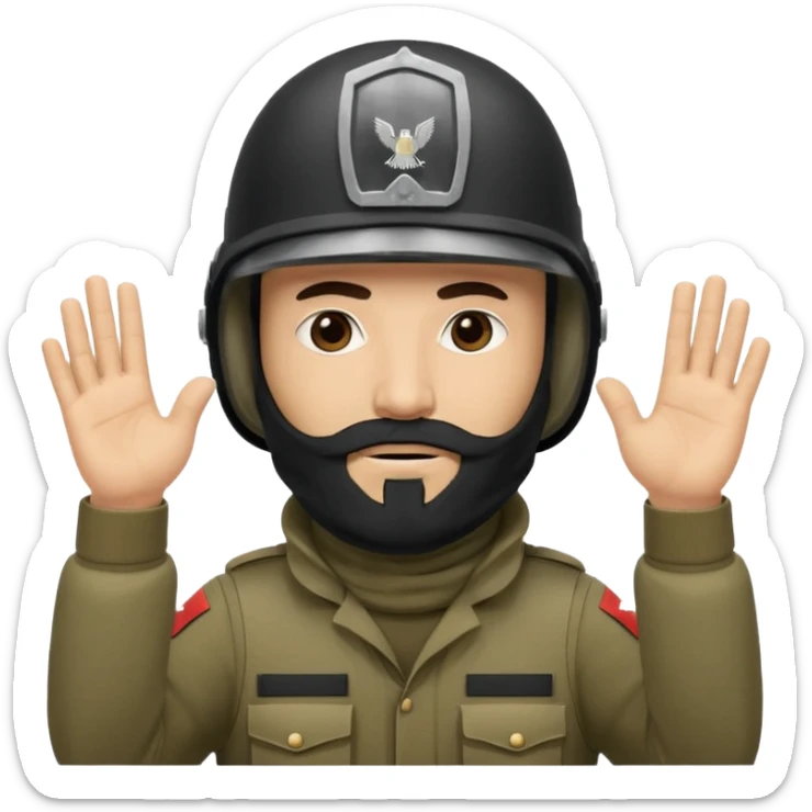 surrenders, depicts an Iraqi soldier from 1980, with a beard, in a helmet, with a balaclava, with a sad face and raised hands sticker