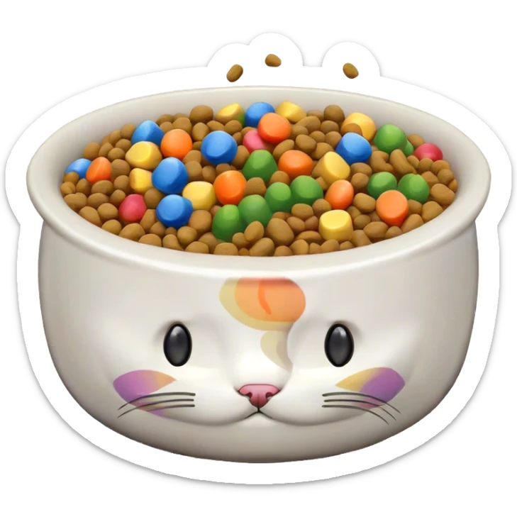 cat food bowl with, the food is piled on top of the bowl where it is so full. Make the kibble in the food bowl white with rainbow pieces sticker