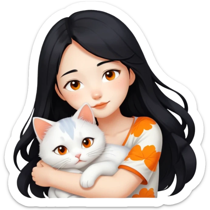 East Asian girl with long flowing black hair hugging a predominantly white cat with orange patches, sweet and gentle, cute facial expressions sticker