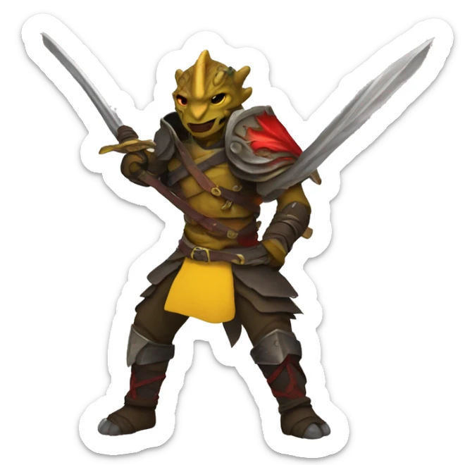 Dragonborn fighter with twin swords  with red blades and yellow Handels sticker