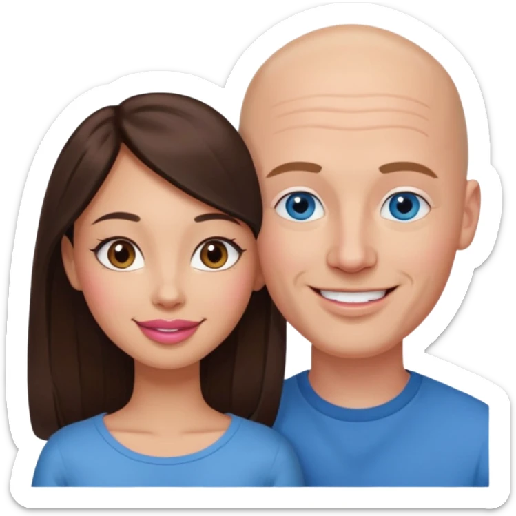 Bald white man blue eyes in love with Filipina woman with long hair dark brown eyes and pink lips smiling sticker
