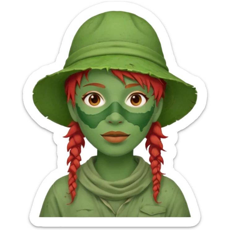 messy green full face green clay mask and tourist hat red hair  sticker
