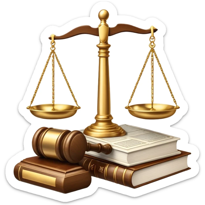 An icon featuring a gavel, scales of justice, and legal books, symbolizing law. The design includes a courthouse building in the background, representing the legal system and justice. Transparent background highlights the authority and structure of the law. sticker