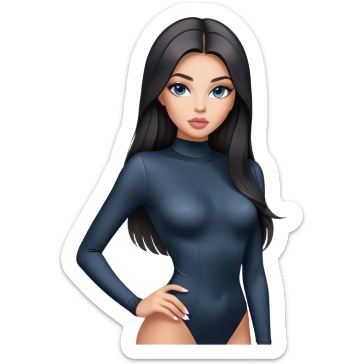 Glamours, tanned, very beautiful girl, with big pump peach-beige-rose lips, long long lashes, black straight smooth silky long hair, straight parting hair, blue-grey eyes in black long-sleeves bodysuit sticker