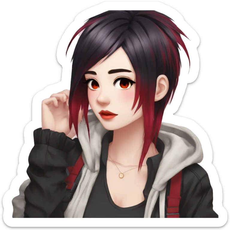 Gorgeous anime style tomboy-lady with blushing face aesthetic and pretty edgy black red punk hair with hair garment trending style sticker