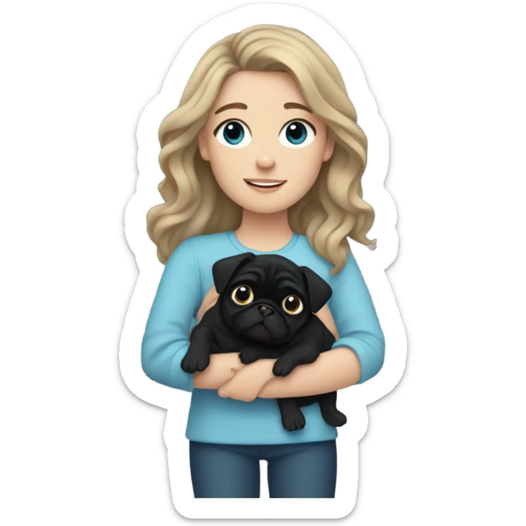 Girl with wavy dark blonde hair and blue eyes holding a black pug sticker