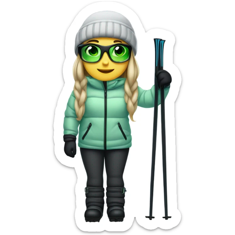 Green-eyed, fat female skier with long straight hair, glasses, light grey snow jacket, long black pants, black only snow boots, wearing black skis standing tall. sticker
