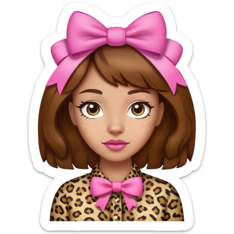 Light skin brown hair leopard print shirt with pink bows woman sticker