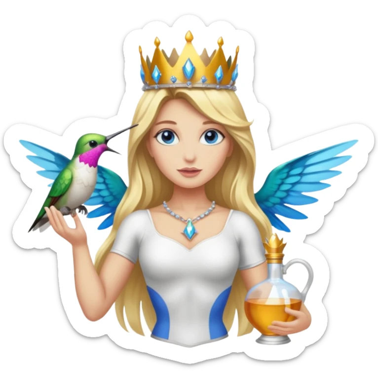full body woman long blonde hair blue eyes white skin muscular build hummingbird crown and nectar flask sticker