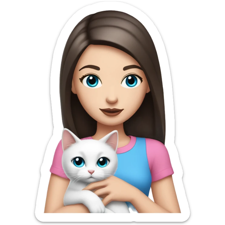 white girl with straight dark brown hair and blue eyes with pink lips and long eyelashes wearing a pink shirt holding a white cat sticker