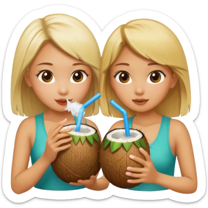 Two girls drinking out of a coconut one is Asian the other one is blonde  sticker