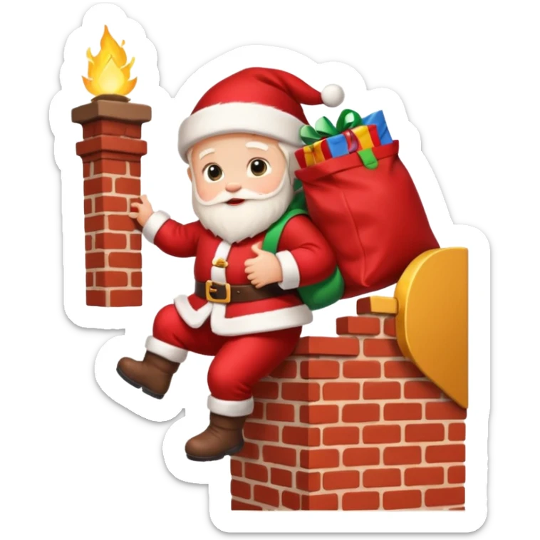 baby Santa Claus is carrying a bag of presents and climbing down the chimney. sticker