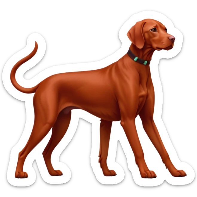 cinematic-[Vizsla-realistic-full-body-standing-emoji,-tail-resting-loosely-beside-its-paws,-head-tilted-dramatically, -sleek-[red]-fur,-simplified-yet-realistic-focused-features,-highly-detailed,-glowing-with-an-almost-sarcastic-glow sticker