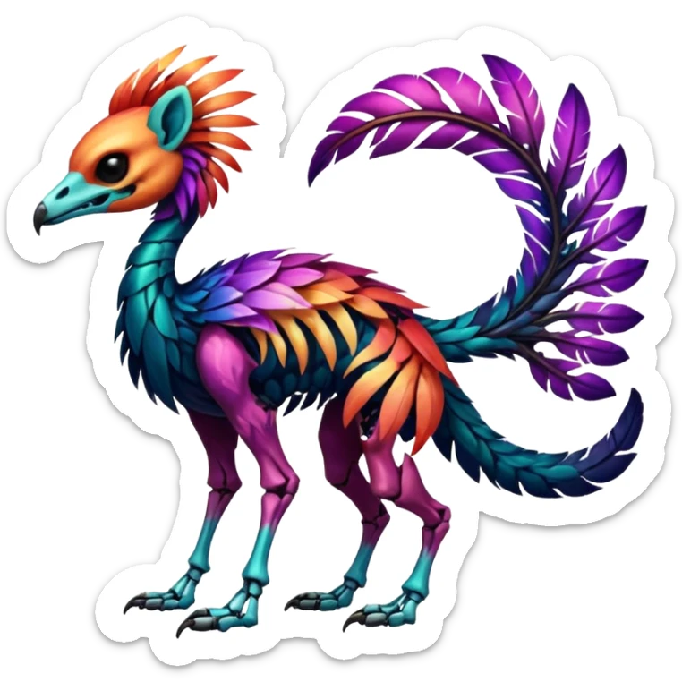 Rare colorful gradients colored realistic dark edgy glossy shiny tropical tribal patterned feathery skeletal badass epic pretty beautiful handsome gorgeous aesthetic colorful vibrant Vernid-Trico-species-Fakemon-creature by LiLaiRa, 4 legs, 1 tail, random markings, (full body) sticker