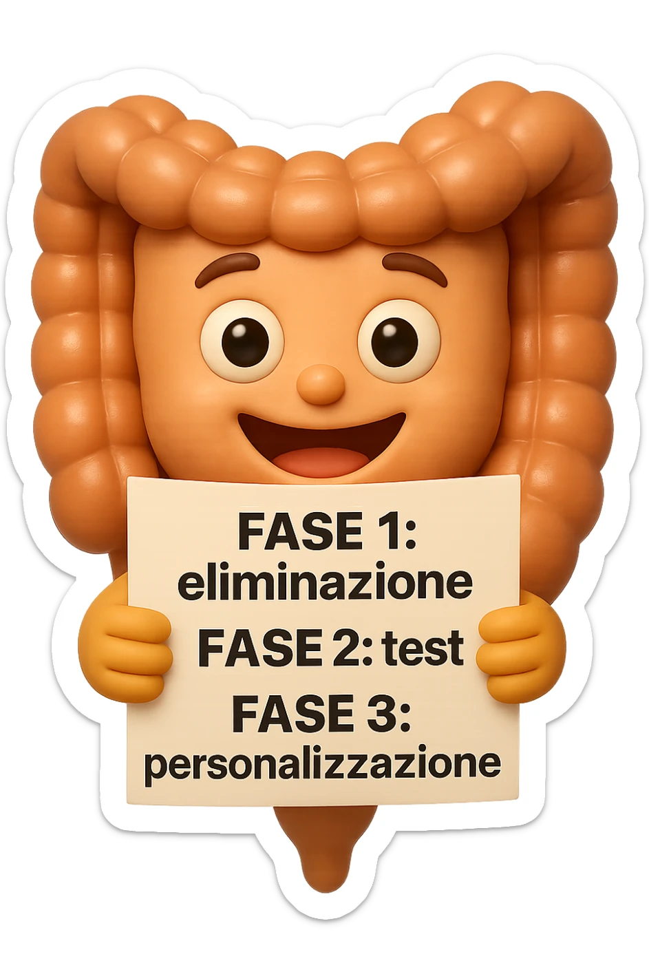 emoji stile iphone 3d di un intestino che tiene in mano un foglio con la scritta "FASE 1: eliminazione, FASE 2: test, FASE 3: personalizzazione, IPERREALISTICO 4K sticker