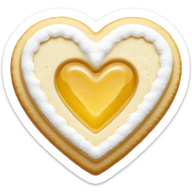 Realistic shortbread cookie in the shape of a heart with color of lemon jelly middle filling and sprinkled powder sugar on top. sticker