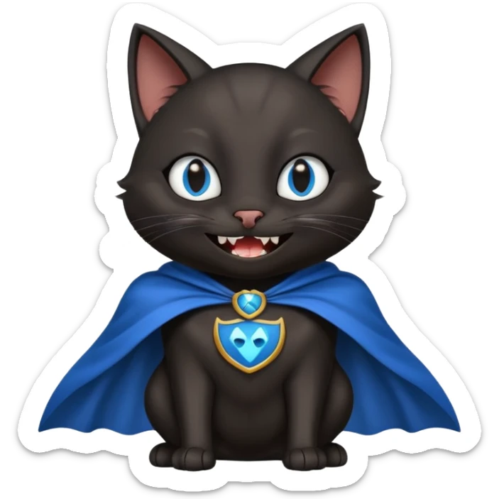 an all black anthropomorphic cat with blue eyes wears an all black cape and is smiling a mischievous sharp tooth grin sticker