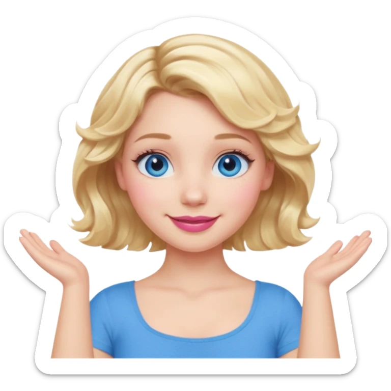 Girl Blonde short wavy hair,  blue eyes, cute blue top, long lashes, pink lips, smiling, making an x with arms  sticker