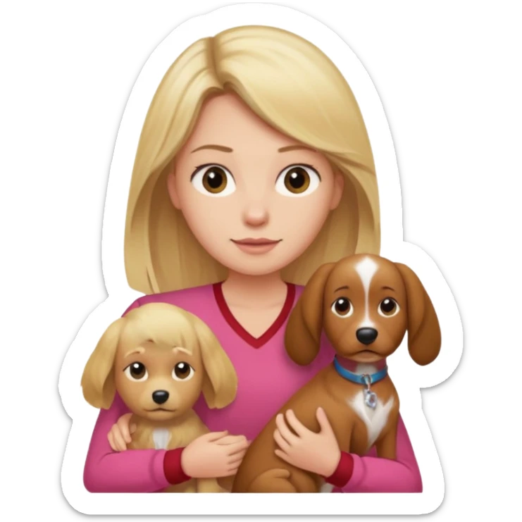 Mulher loira usando blusa rosa e seu filho de cabelo castanho comprido usando uma camisa vermelha e um cachorro  sticker