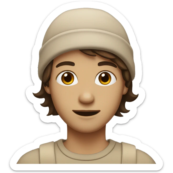 A person with medium-length brown hair, beige beanie, brown eyes, soft smile. sticker