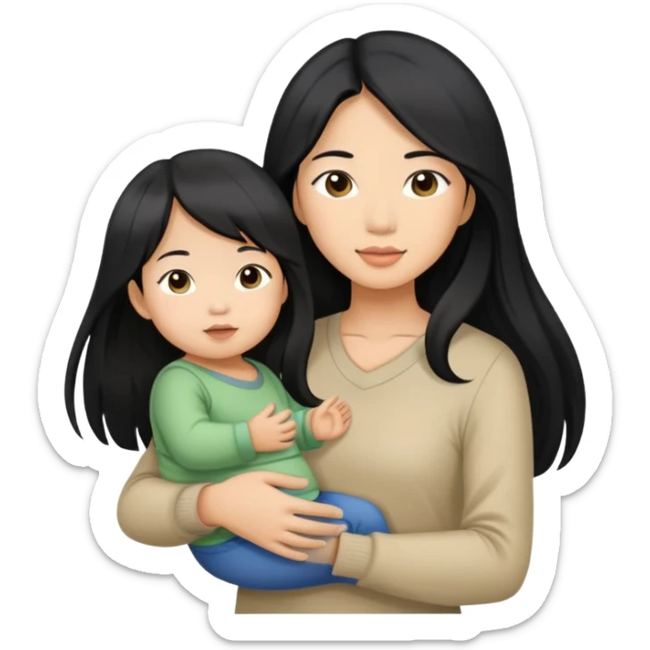 Asian female in long hair carrying her toddler daughter  sticker