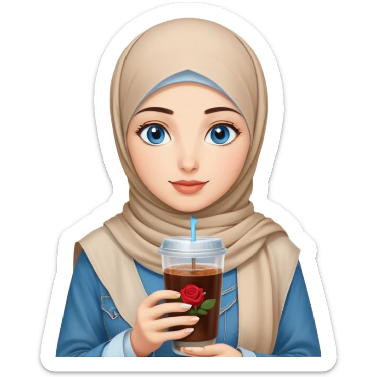Turkish beautiful finish Konya girl blue eyes with beige denim hijab islamic dress and had on her hand Rose Cold brew coffee   sticker
