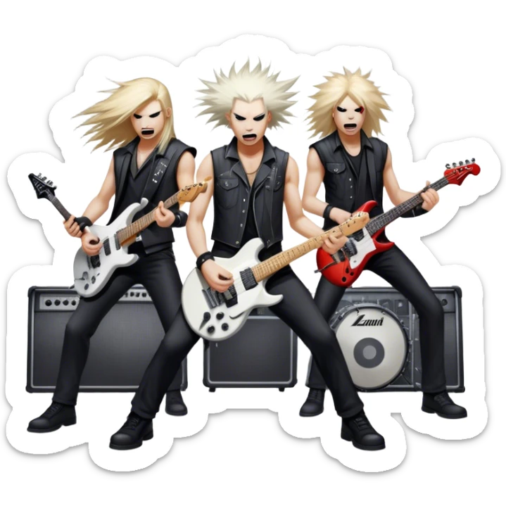 Icon for Heavy Metal Music: band on stage with electric guitars, drums and intense lighting. Musicians headbanging, surrounded by energy and stage effects, capturing the power and intensity of a metal concert. Transparent background. sticker