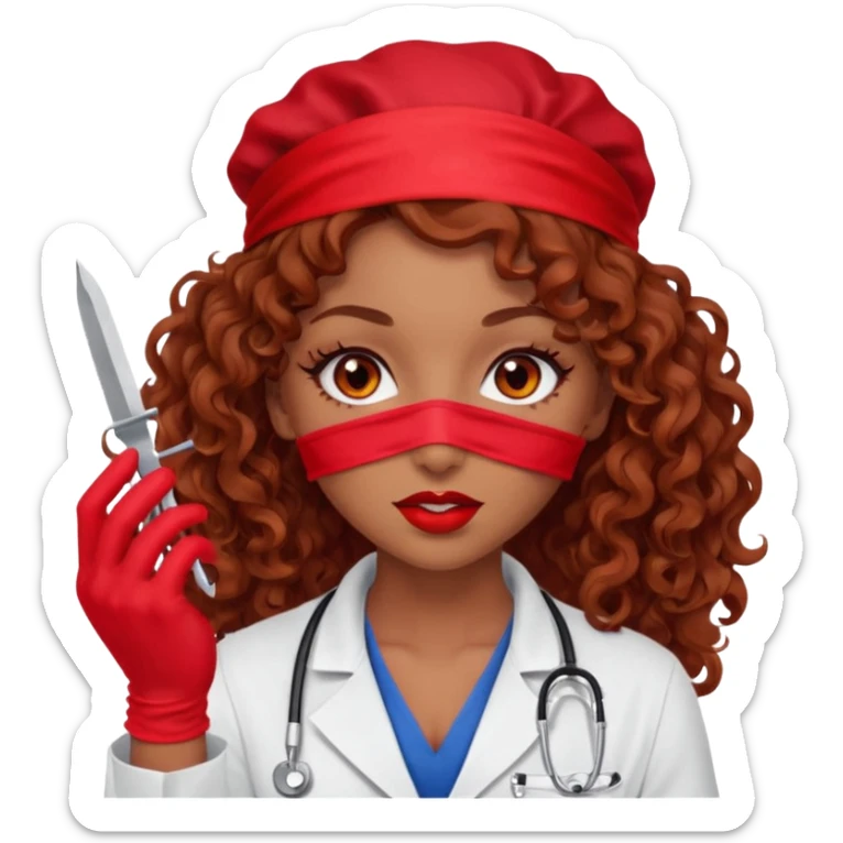 Lilith scalpel in hand, evil surgeon sexy surgeon clothes.  She has red eyes. She brown long curly hair. Wears sexy doctor outfit with red gloves.hair is free and brown  Wears red bandana to hide  her mouth and nose sticker