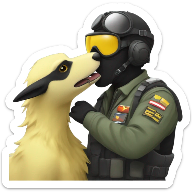 Yellow army Pilot with black mask googles, and then a big sergal kissing him sticker