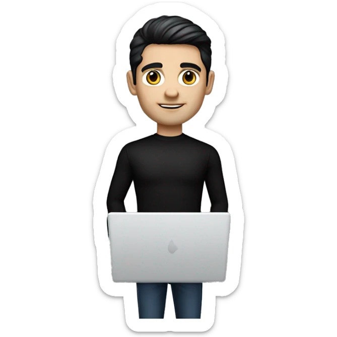 memoji of a confident male realtor with a laptop in front, apple-style, modern ,dark hair,black sweater,computer in hand,white skin, an avatar image gonna be round  sticker