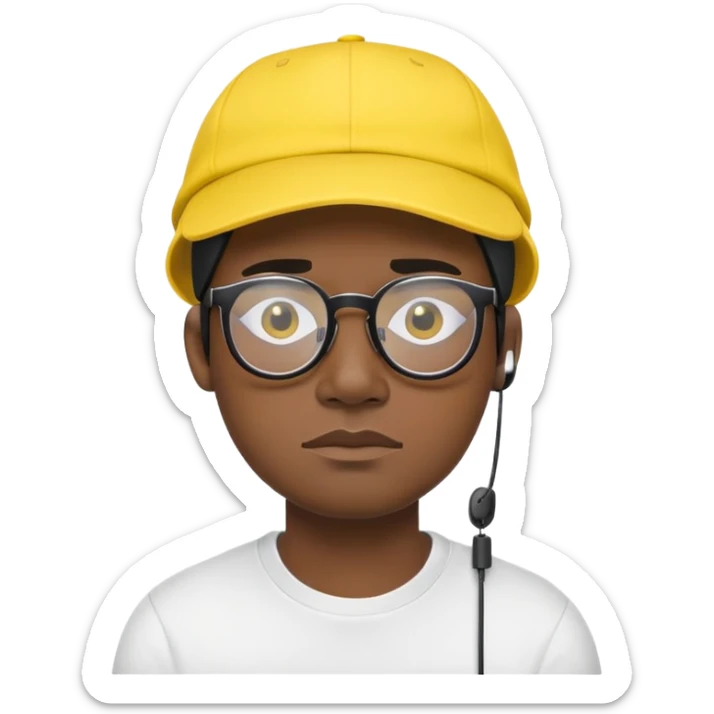 "- Nam
- 30 tuổi
- Da đen
- Đội mũ lưỡi trai vàng
- Đeo kính, airpod
- Mặt buồn
" sticker