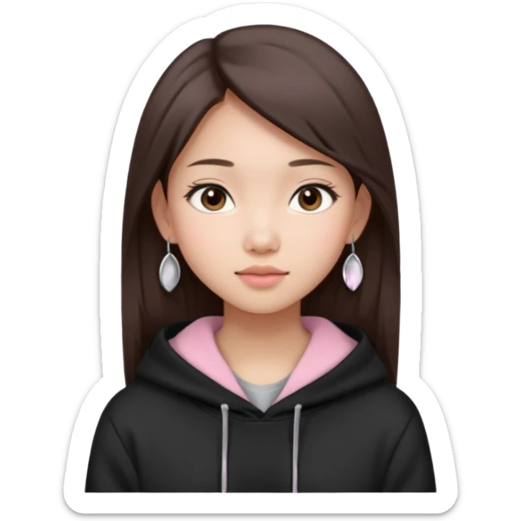 Asian Girl with straight brown hair, natural look, soft pink cheeks, calm expression, silver earrings, black hoodie.  sticker