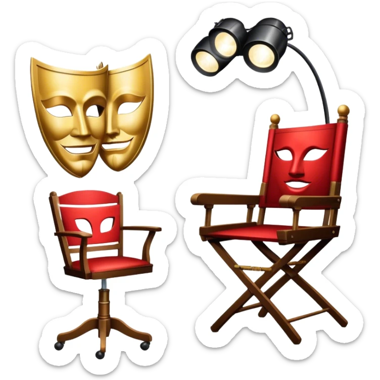 Icon for Acting: a theatrical mask, stage lights, a director’s chair, and a script, representing the craft of acting in theater. The design should reflect creativity, performance, and the art of storytelling on stage. Transparent background. sticker