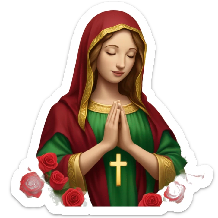 Virgin Mary: kind face looking down at the left, long brown hair, Wearing an emerald green  robe with gold stars and a burgundy red dress,  Hands in prayer or blessing. Halo around her head. standing in front of a big sun. colorful roses on the sides  sticker
